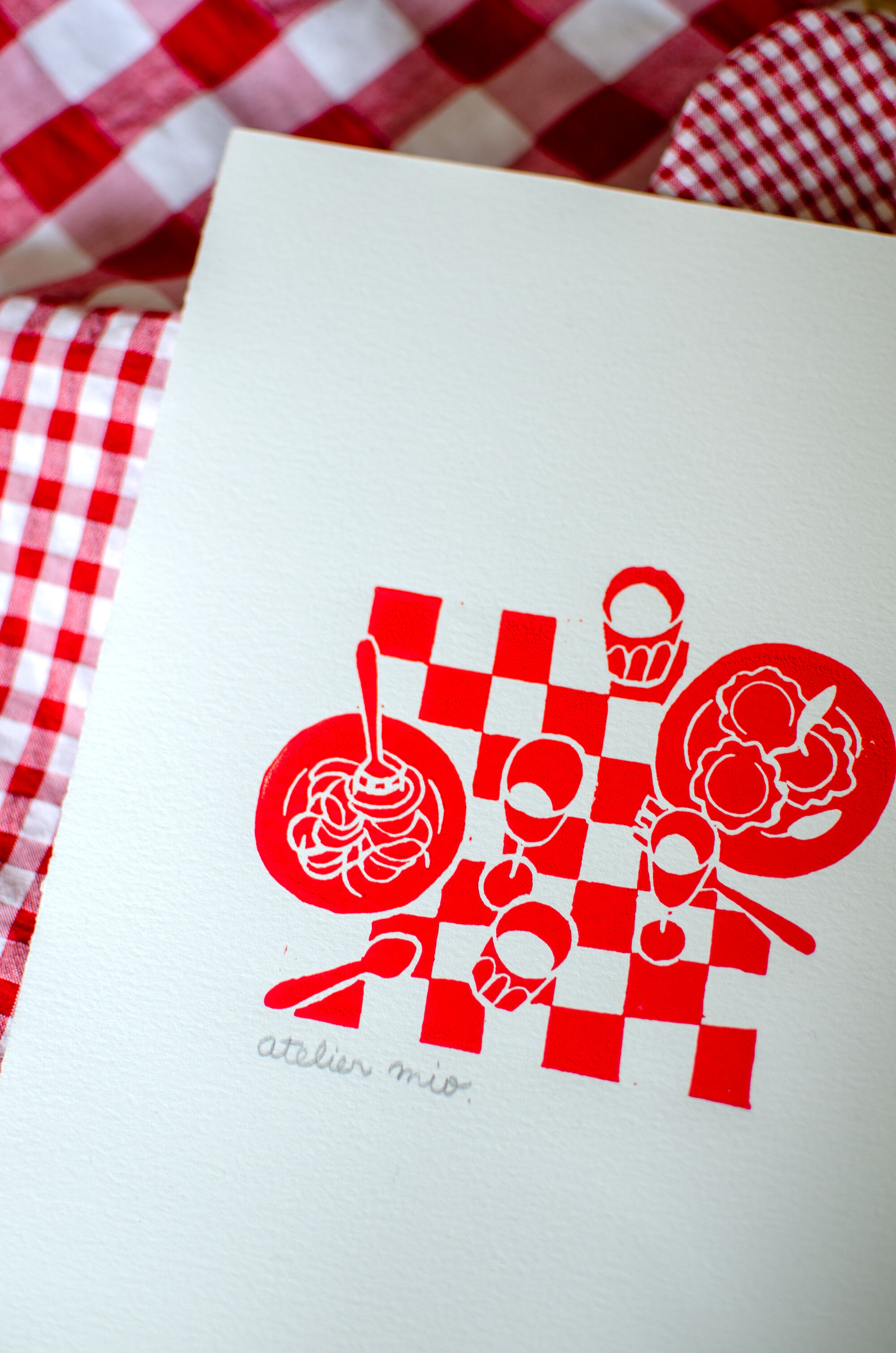 Spaghetti e ravioli, original linocut 18 x 24 cm