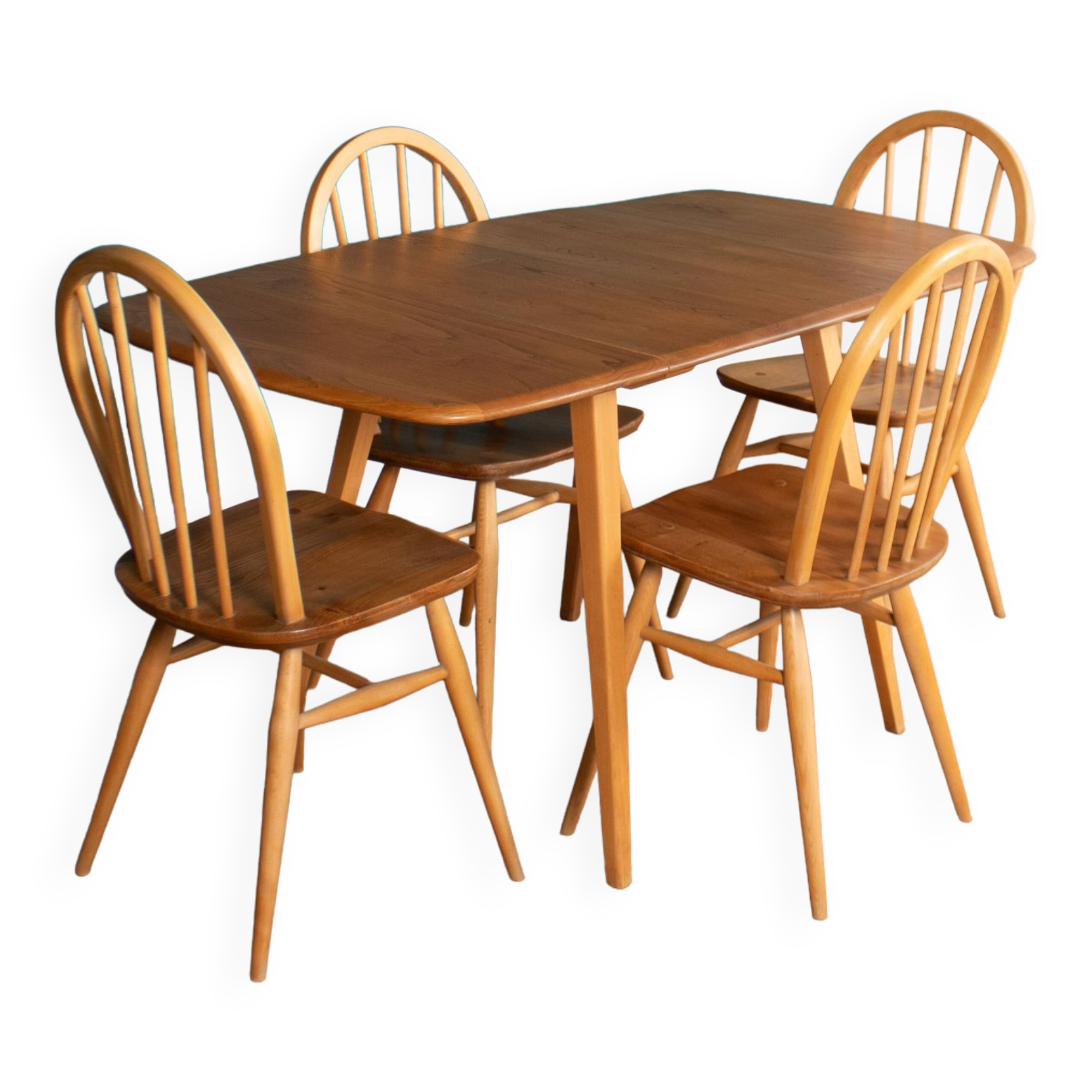 Retro Blonde Ercol Model 383 Dining Table & Four Model 370 Windsor Kitchen Dining Chairs