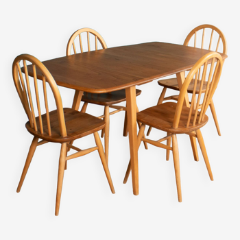 Retro Blonde Ercol Model 383 Dining Table & Four Model 370 Windsor Kitchen Dining Chairs