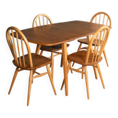 Table de salle à manger rétro blonde Ercol modèle 383 et quatre chaises de cuisine Windsor modèle 370