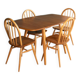 Retro Blonde Ercol Model 383 Dining Table & Four Model 370 Windsor Kitchen Dining Chairs