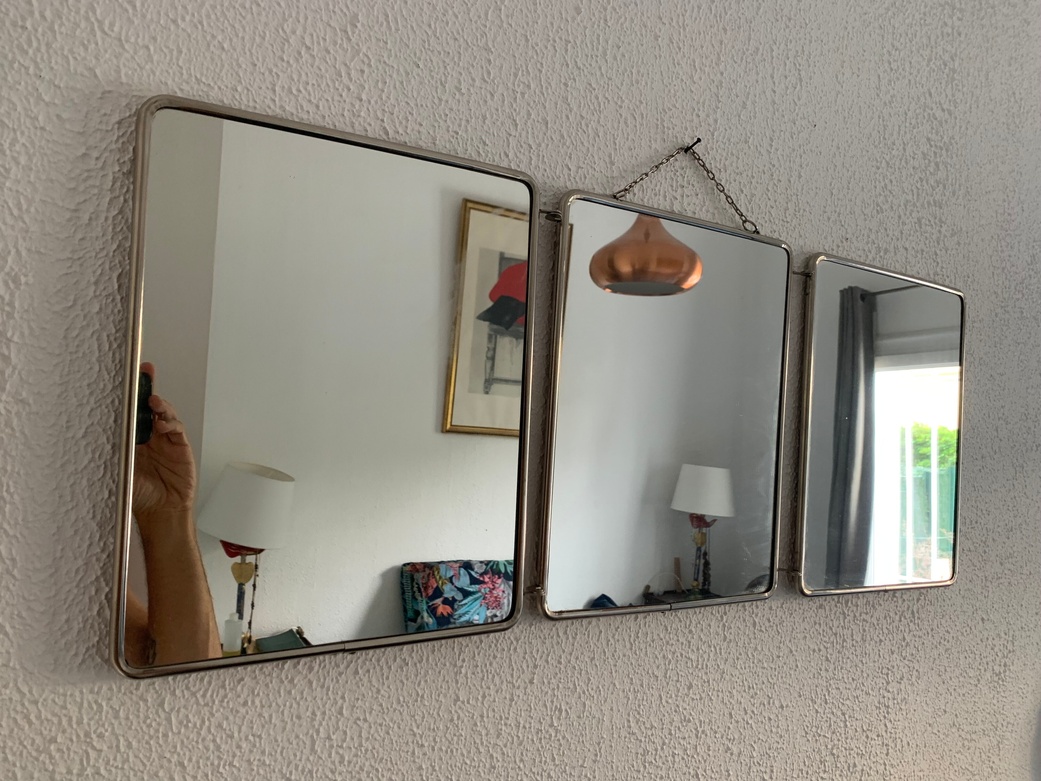 Vintage mirror 1960 triptych barber red brick - 30 x 77 cm