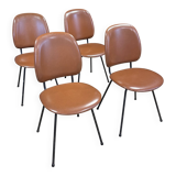 Set of 4 retro bistro chairs in cognac leatherette and black steel legs