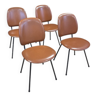 Set of 4 retro bistro chairs in cognac leatherette and black steel legs