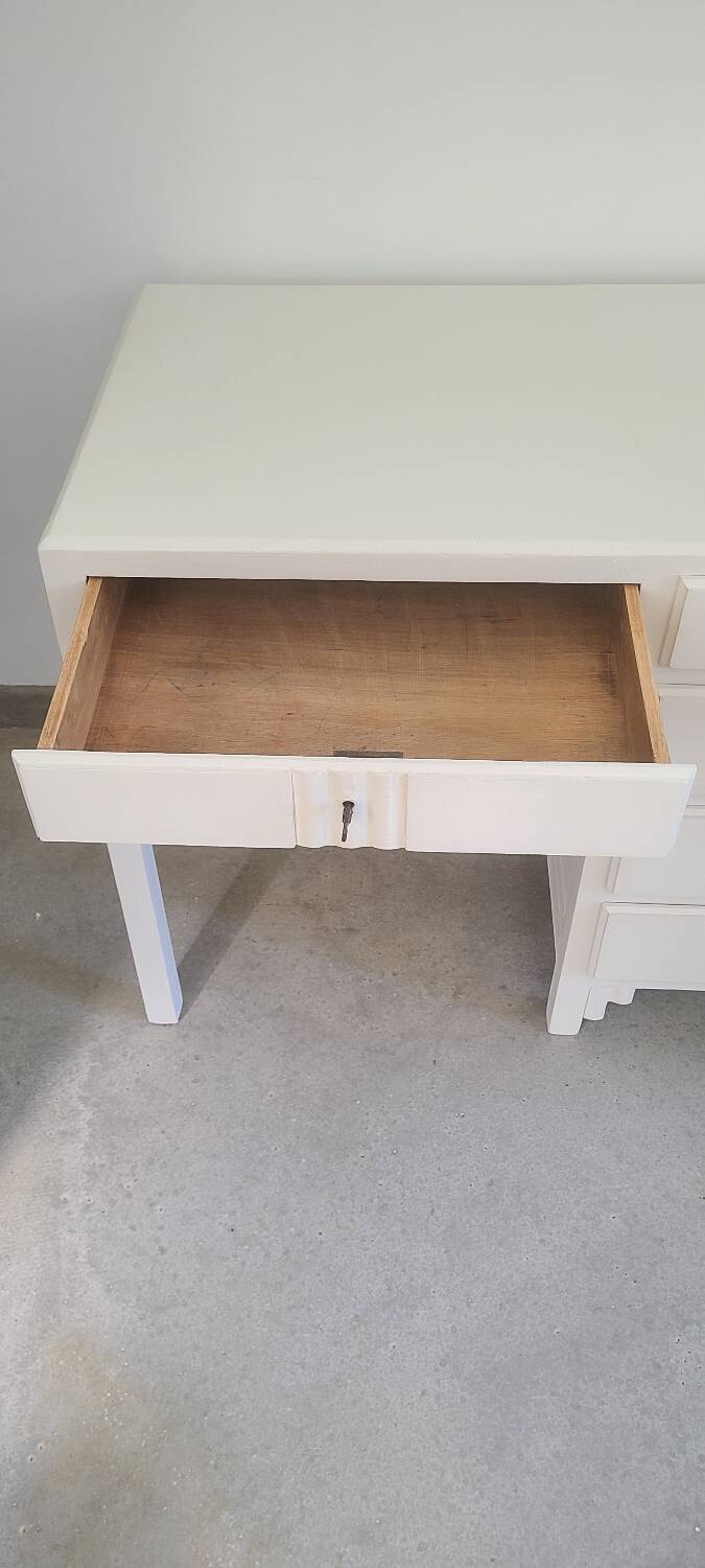 Bureau ancien Art Déco blanc bois massif boutons boules métal vintage