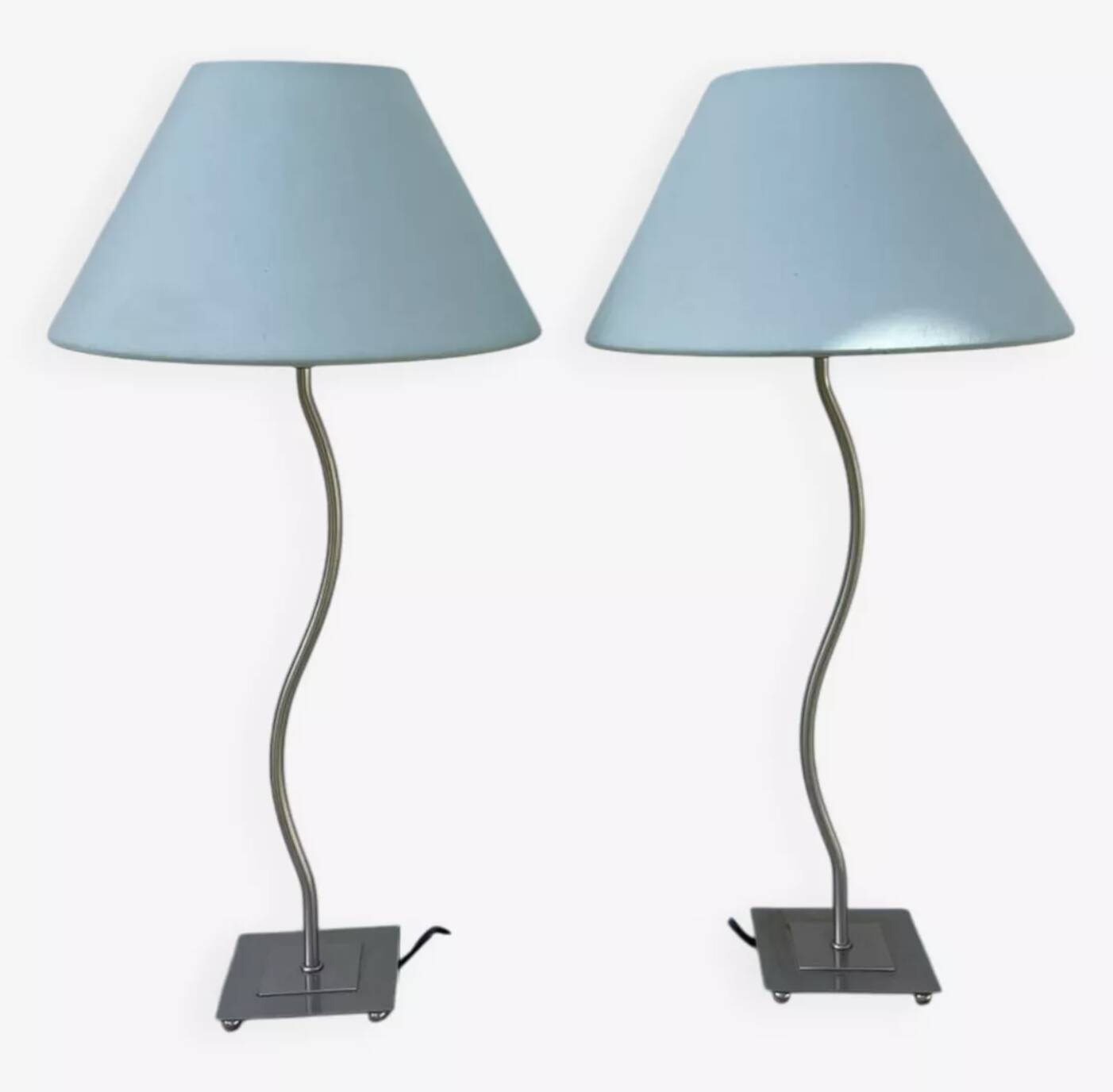 Pair of lamps with wavy metal base and blue lampshade 2000