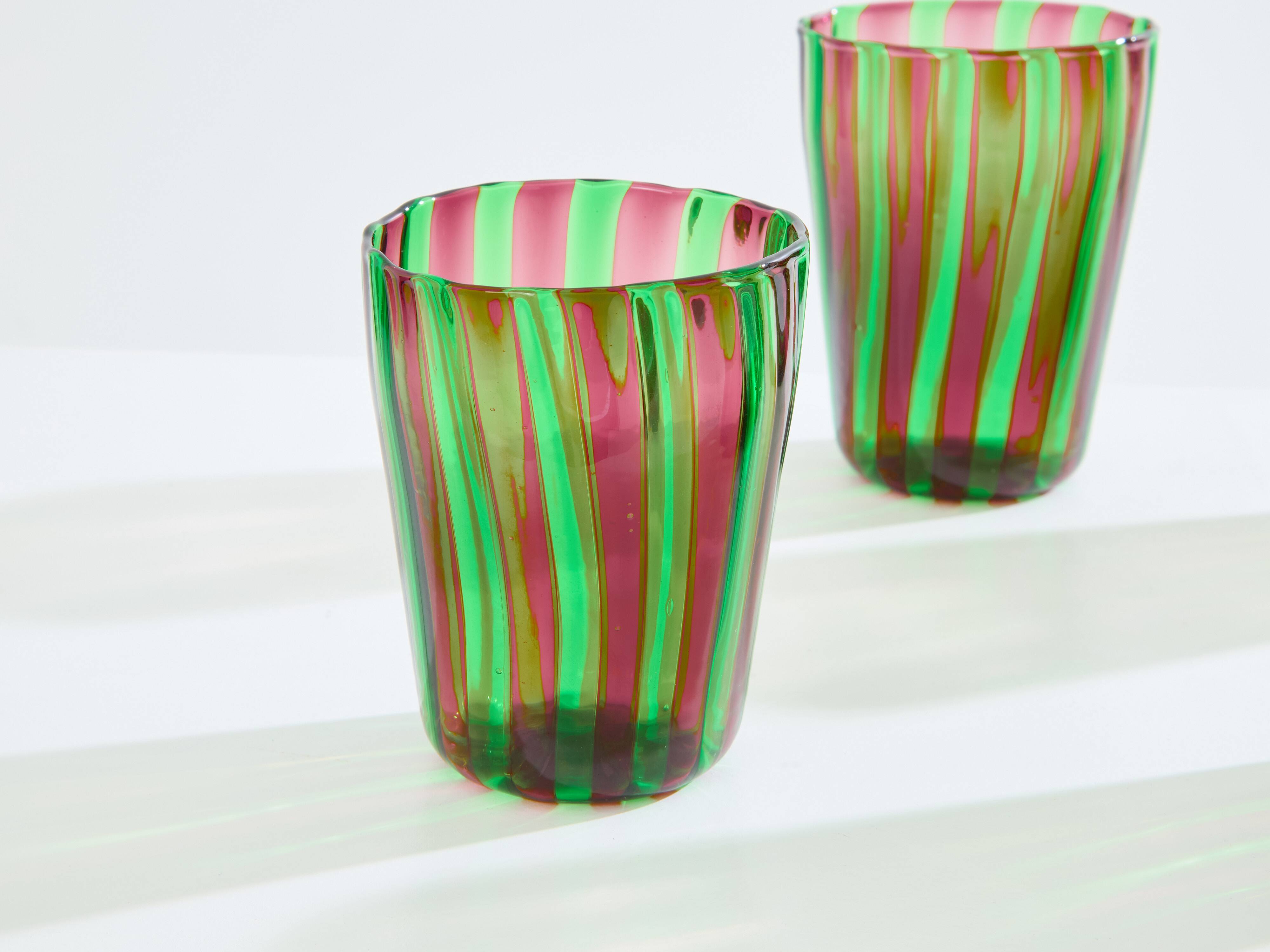 Set of 6 green and purple Murano tumbler glasses circa 1980