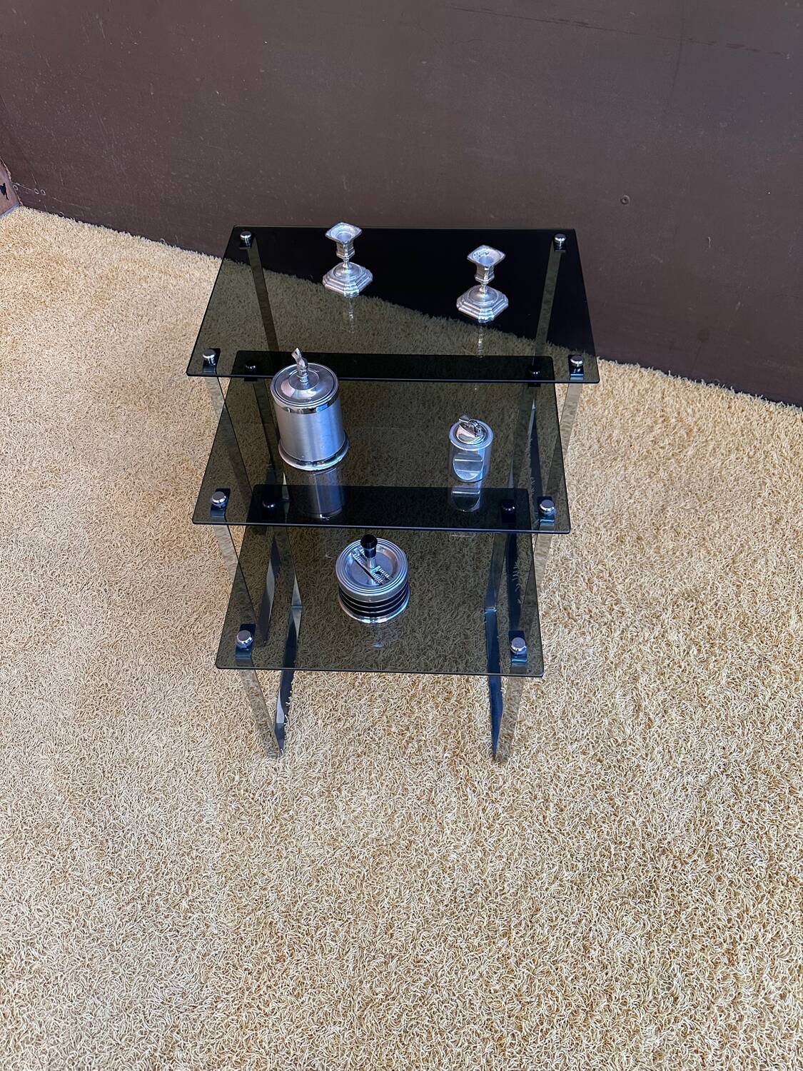 Set of 3 nesting tables in metal and smoked glass