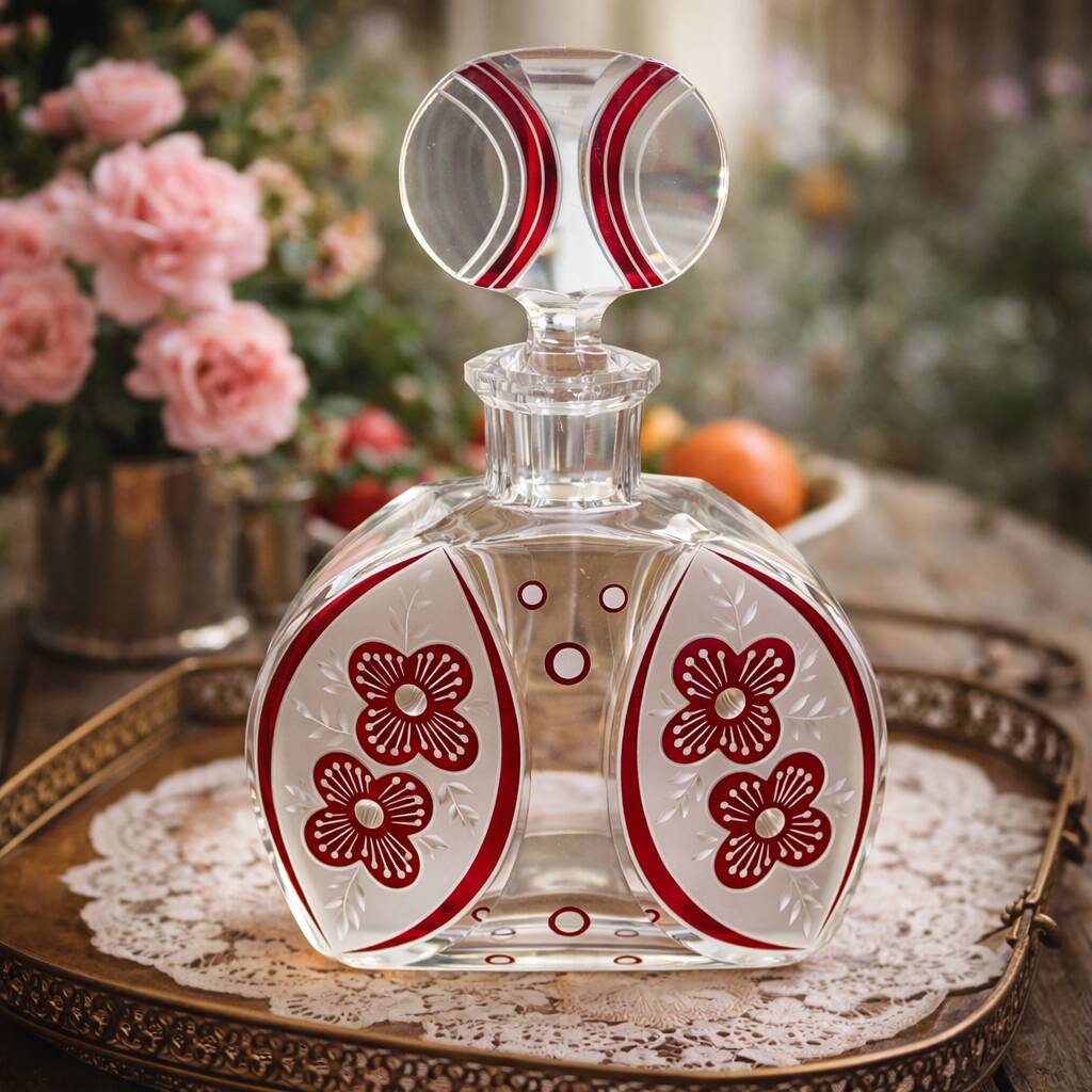 Vintage liqueur service in decorated red glass – decanter and 7 glasses