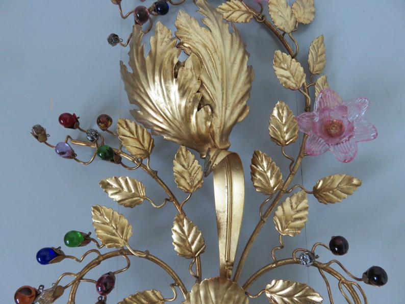 Wall light flower Hans Kogl in gold metal and pearls 70s