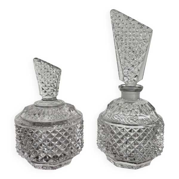 Paire de flacons verre taillé façon cristal – coiffeuse rétro / vintage