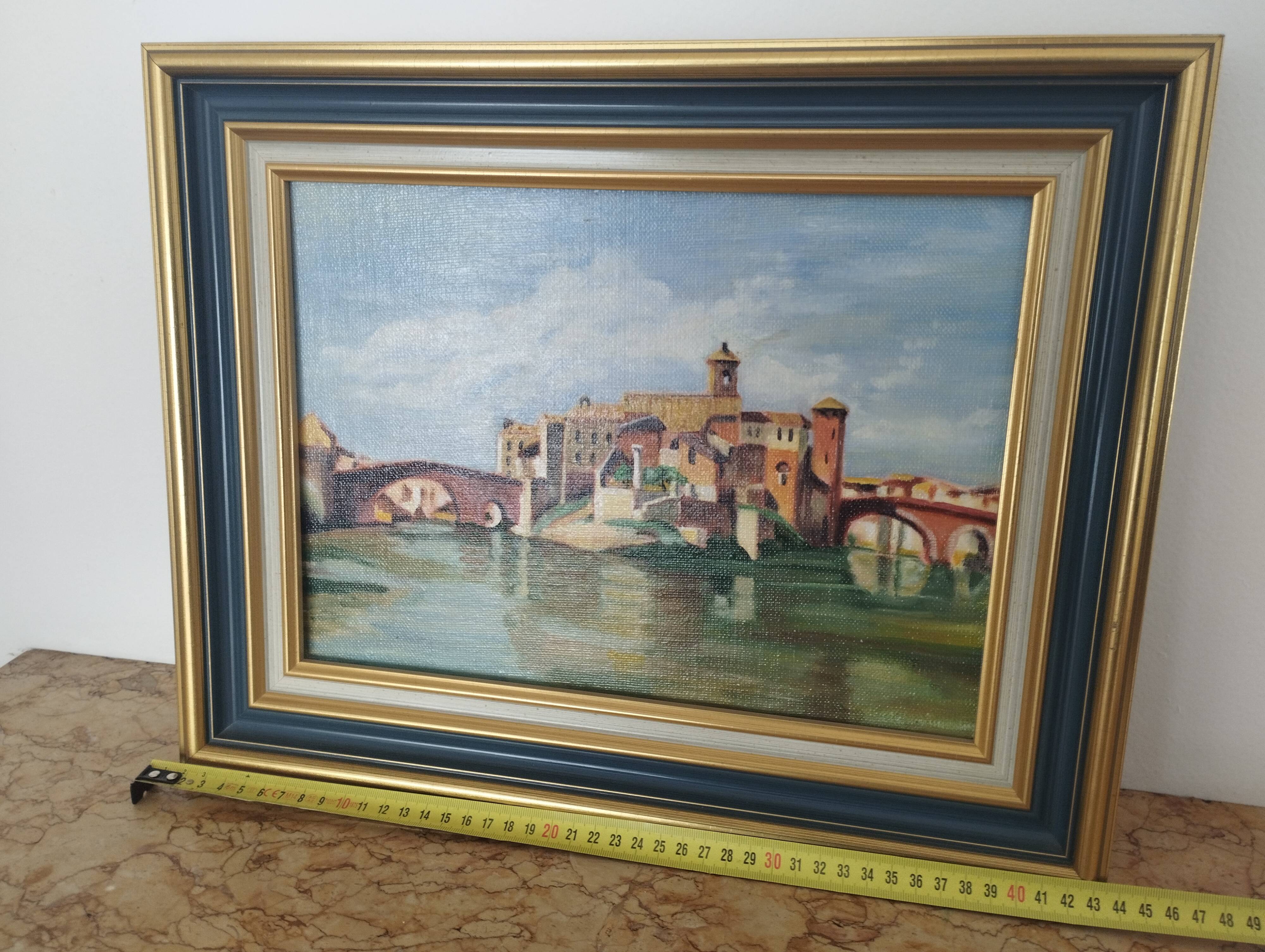 Oil painting on canvas - View of Tiber Island (Rome) - Corot style