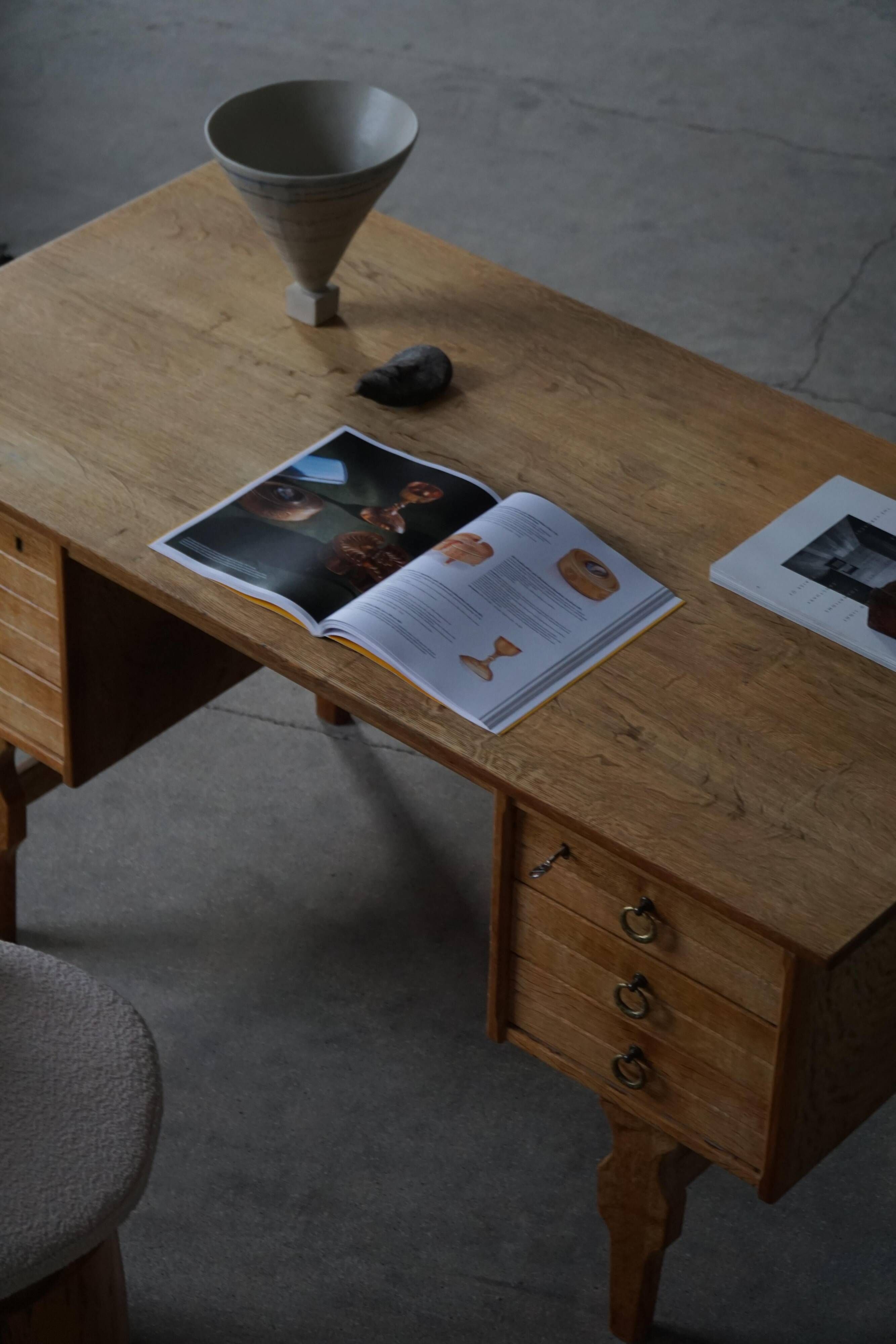 Free-standing oak desk by Henning Kjærnulf, mid-century Danish modernism, 1950s.
