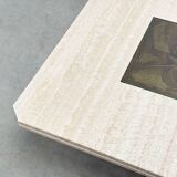 George Mathias square travertine and brass coffee table