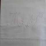 Antique sheets in white linen thread and 2 monogram pillowcases
