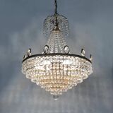 Grand et ancien lustre, plafonnier couronne en laiton, 7 étages, 6 feux