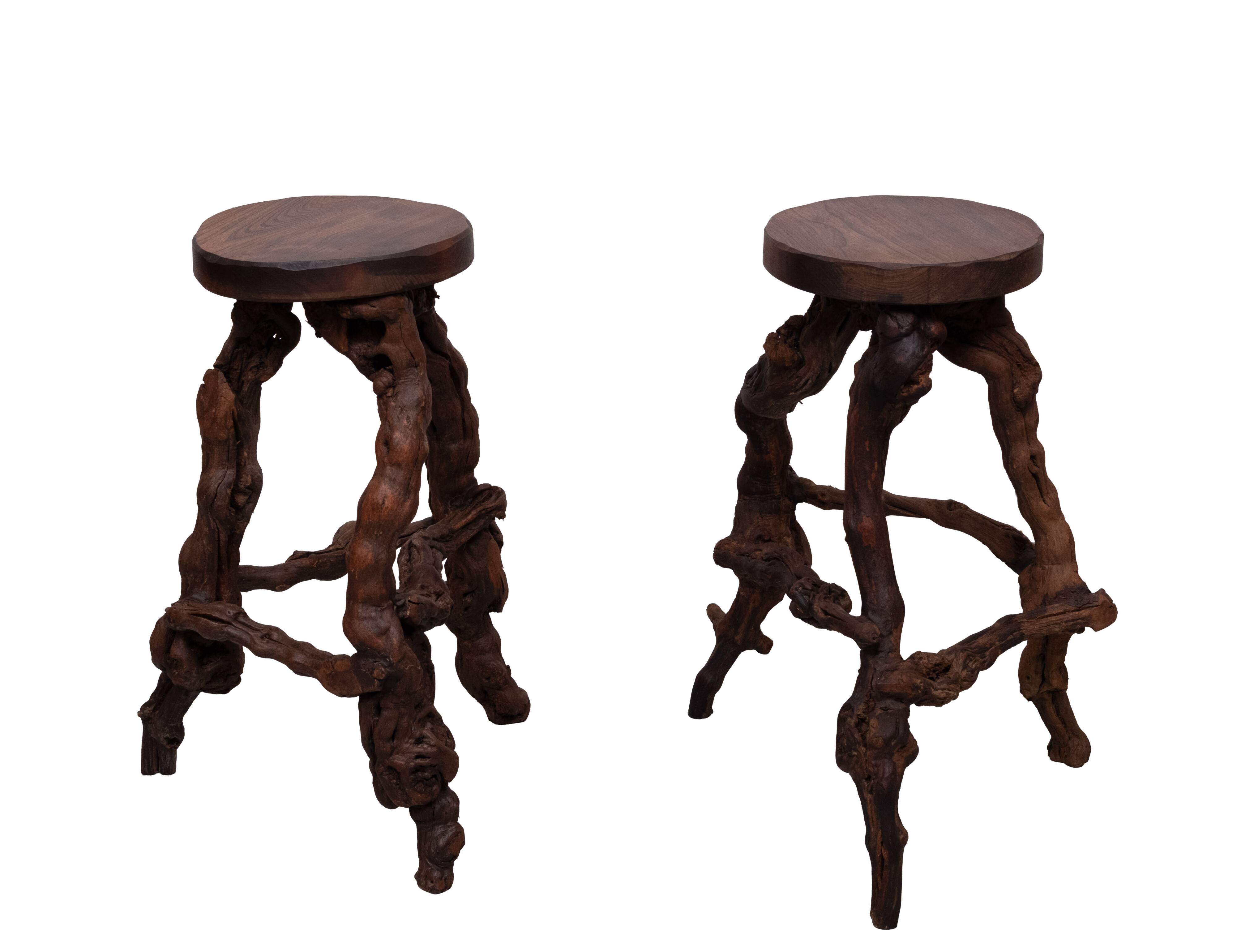 French, Set Of 2 Twisted Grape-vine Roots Bar Stools 1960s