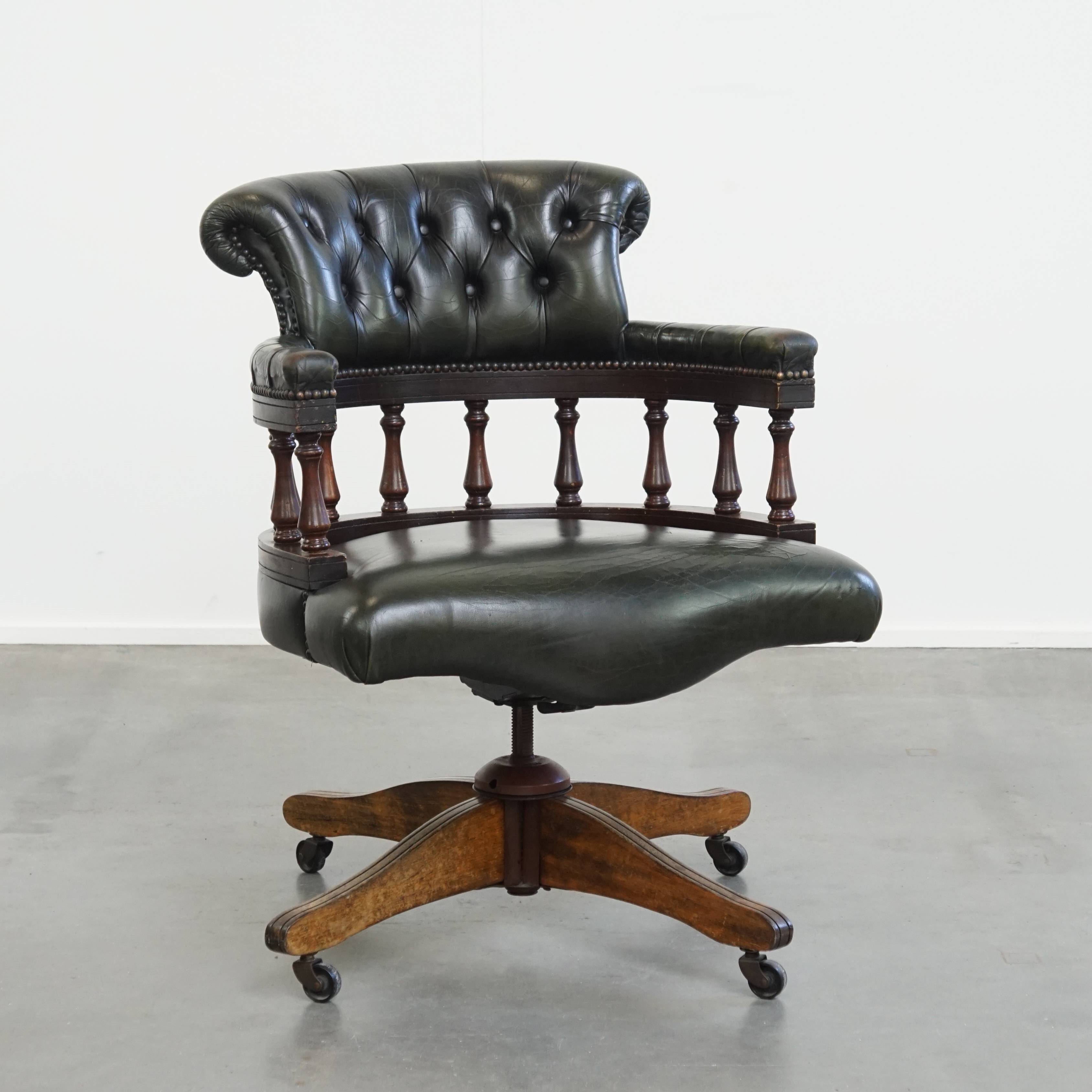 Dark Green Cowhide Leather Swivel and Tilt Chesterfield Office Chair