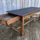 Antique oak farmhouse table with cat bar and 2 end drawers