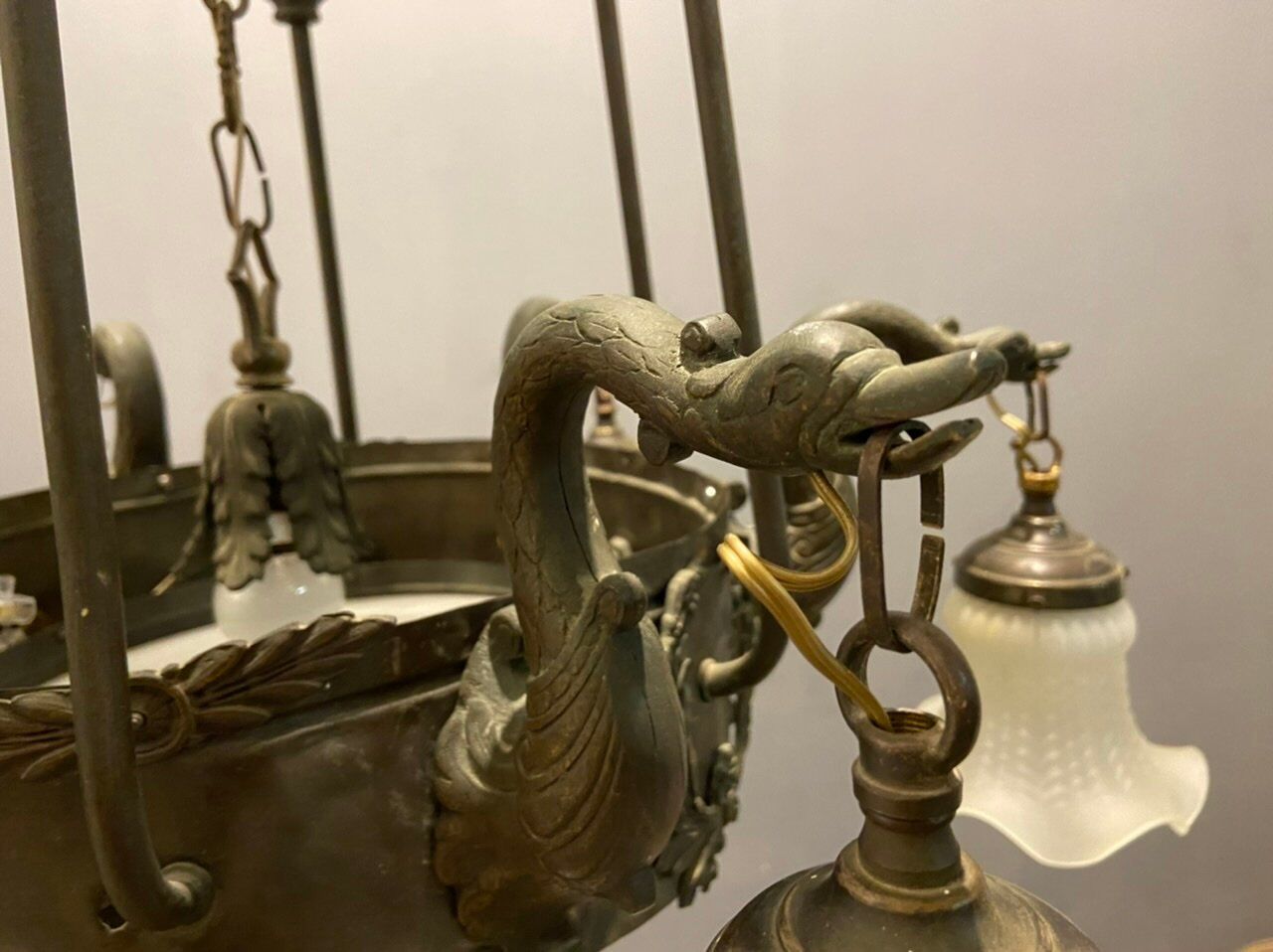 Antique italian liberty chandelier in bronze, 1940s