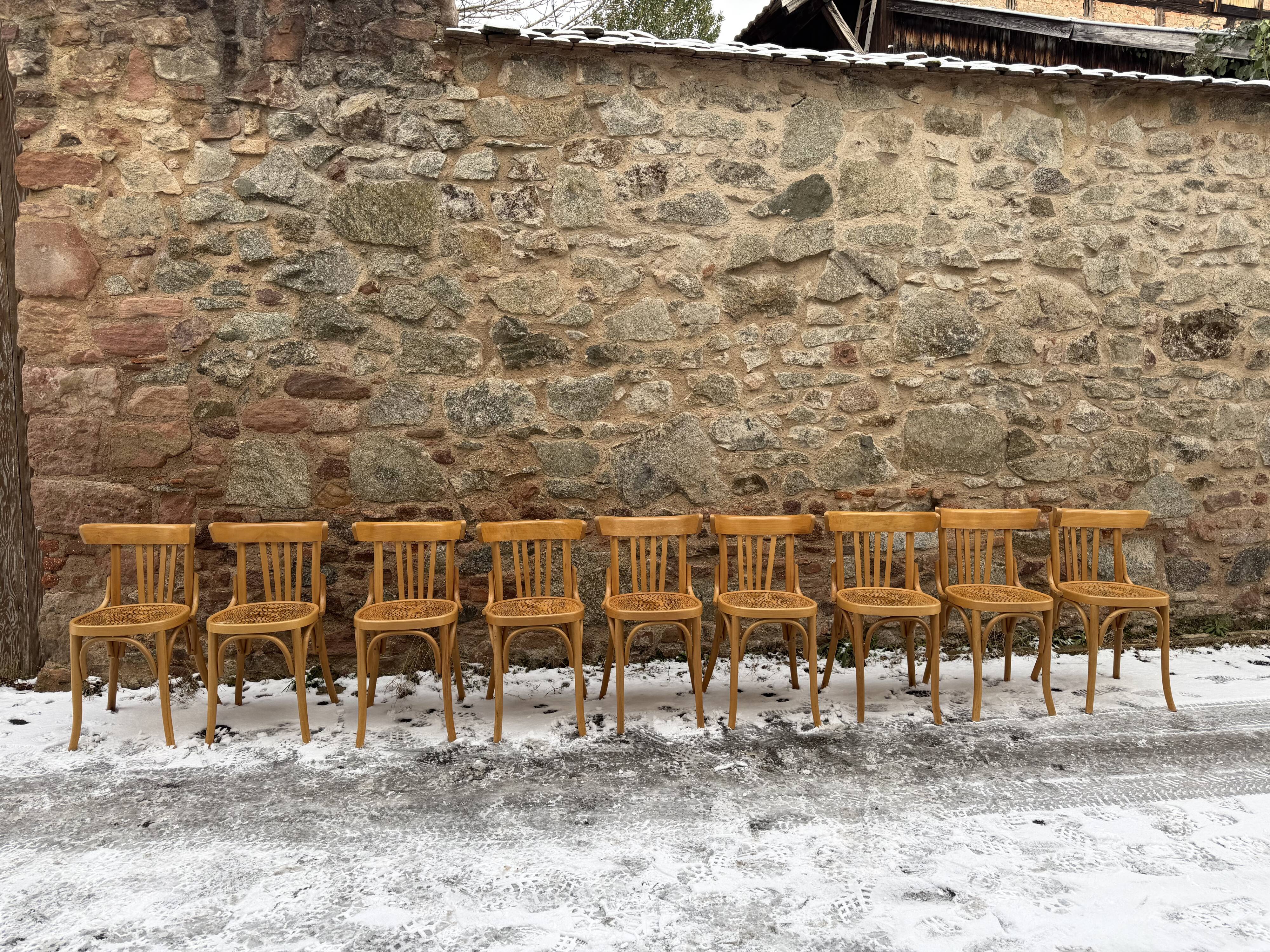 Set of 9 vintage bistro chairs in beech wood – bentwood, patterned seat