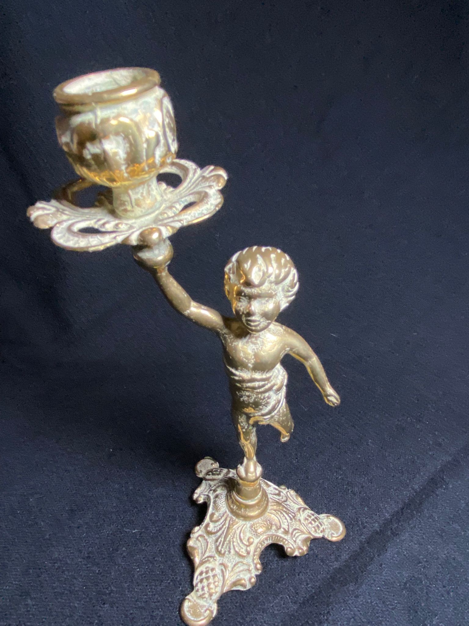 Pair of candlestick buds cherub angel brass