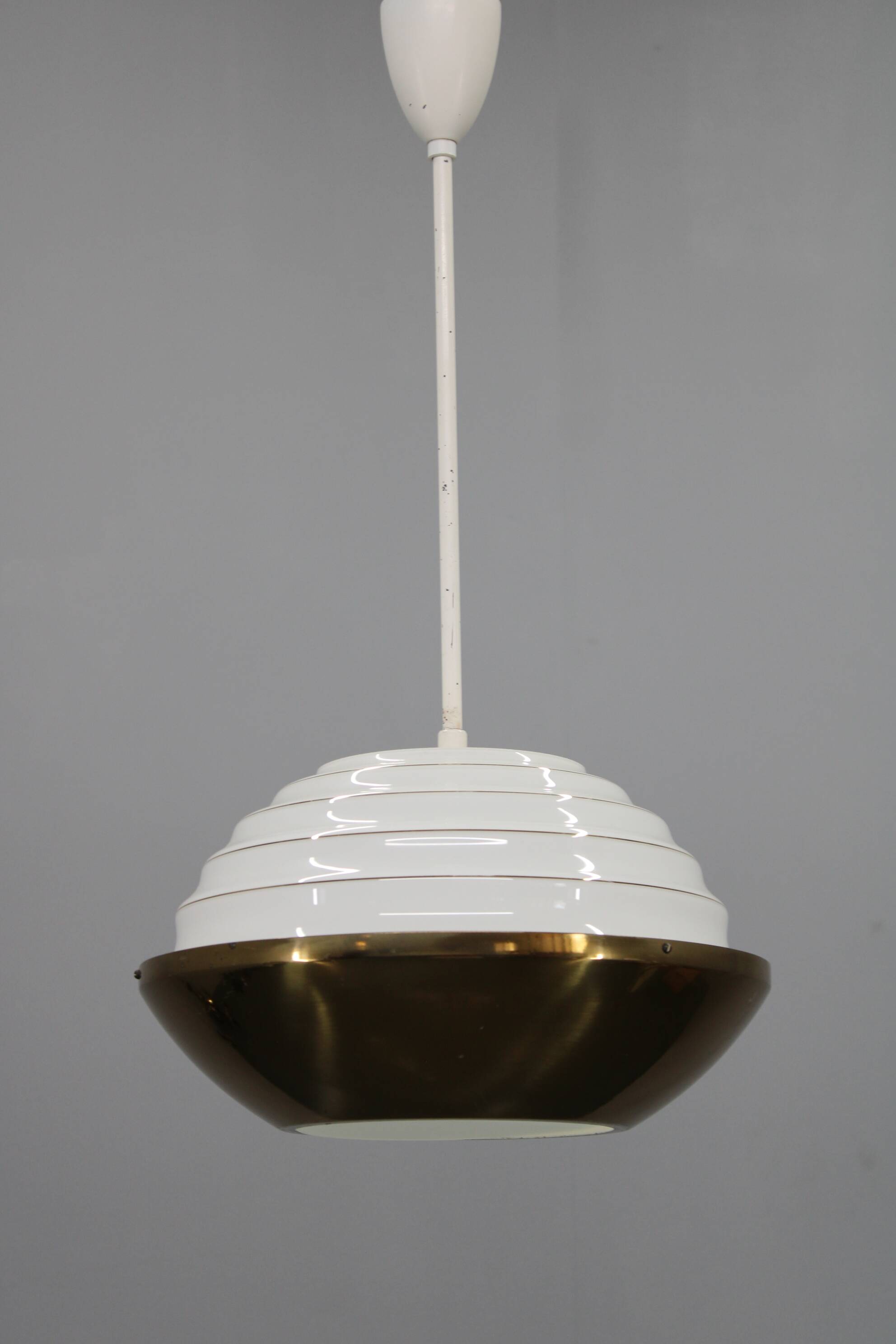 1950s Czechoslovak brass pendant with opaline glass diffuser
