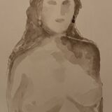 Tableau signé aquarelle monochrome sépia portrait féminin «  dans les yeux »