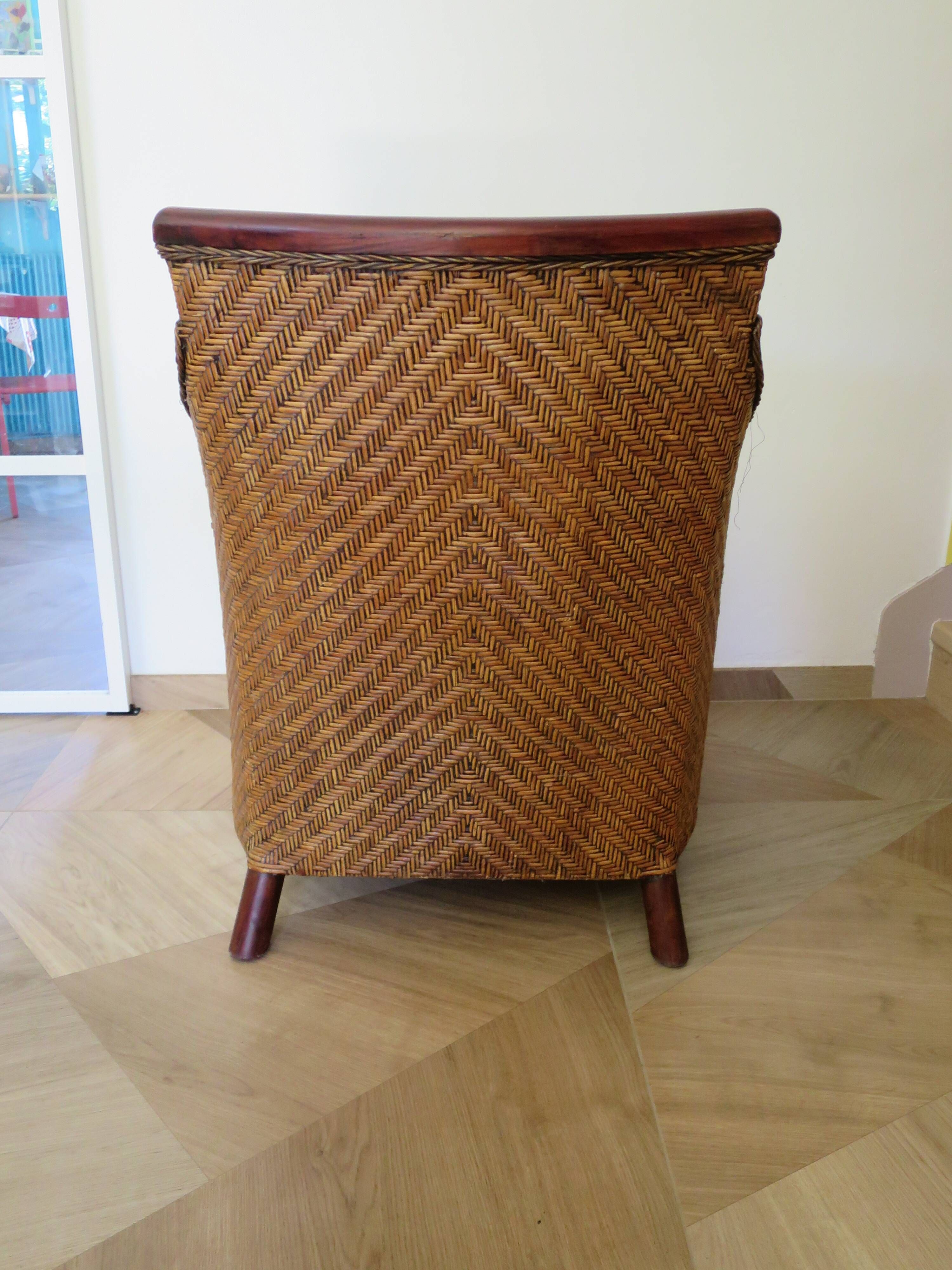 Colonial style armchair - woven rattan and exotic wood - vintage