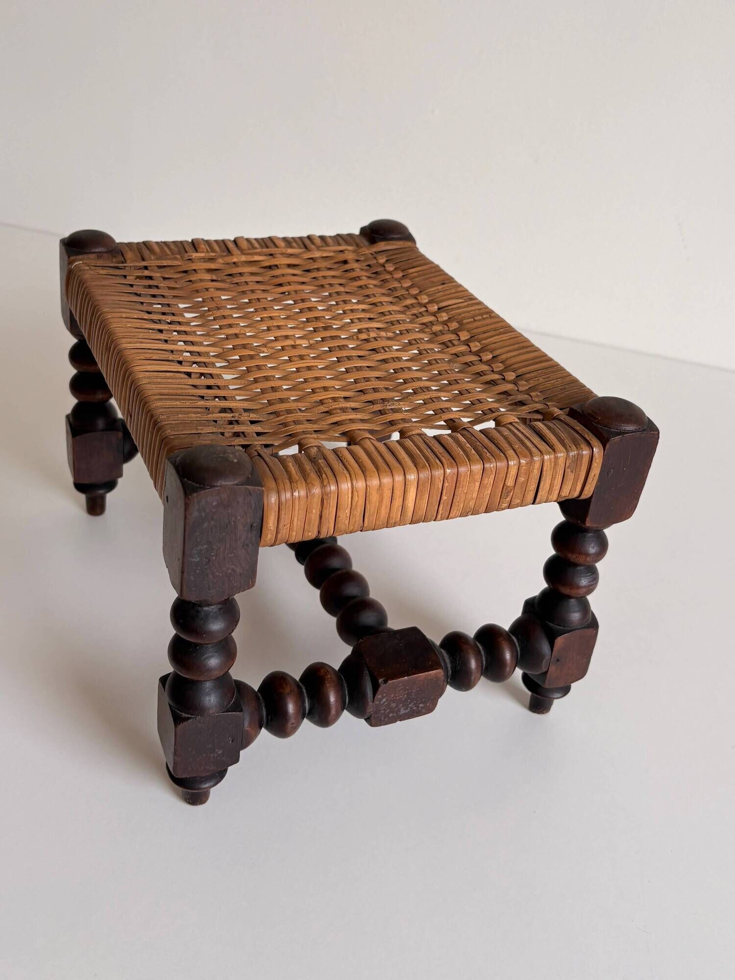 Antique French Turned Wood and Woven Rattan Footstool/ Sidetable