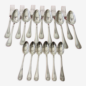 Set of cutlery in silver metal DIXI. 6 forks, 6 spoons and 6 teaspoons.