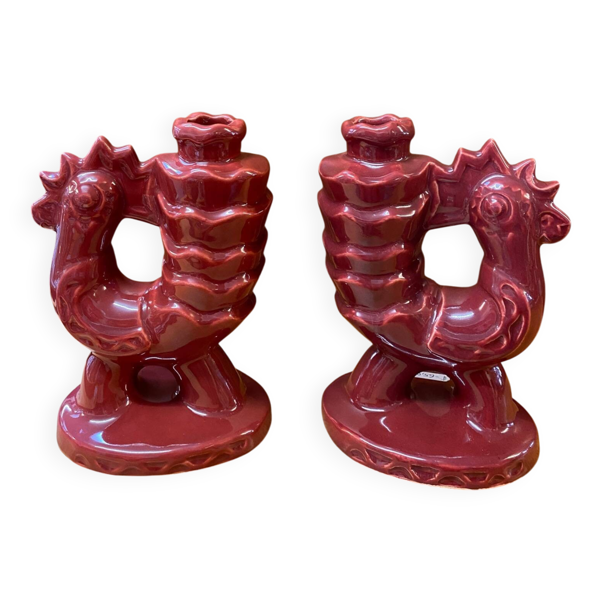 Partager paire de bougeoirs au coq pierre toulhoat faience de quimper annee