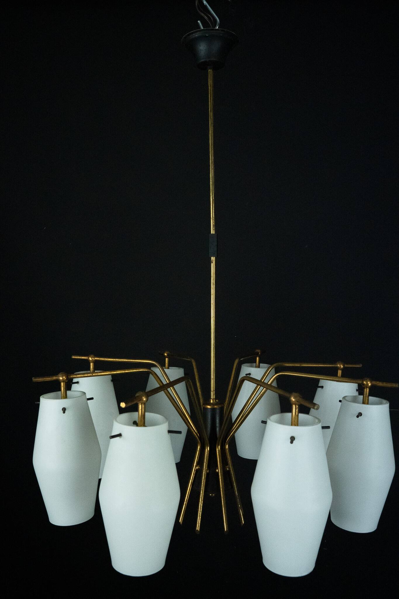Mid-century chandelier with eight opaline glass shades