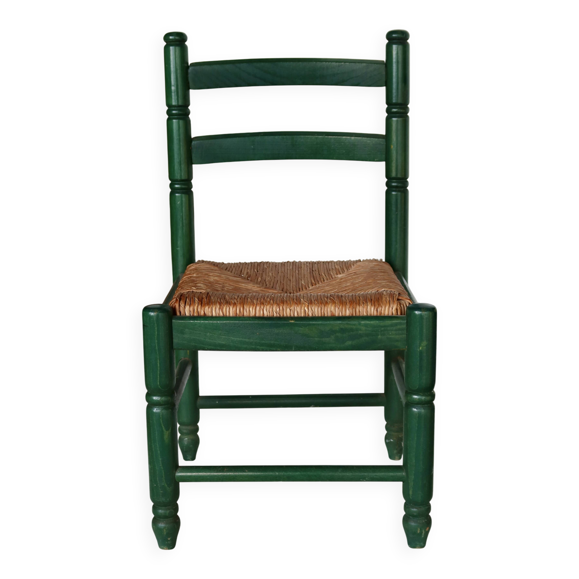 Vintage children's chair in green wood with a woven straw seat