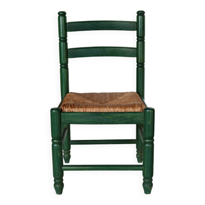 Chaise enfant vintage en bois vert et assise en paille tressée
