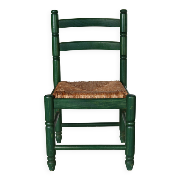 Chaise enfant vintage en bois vert et assise en paille tressée