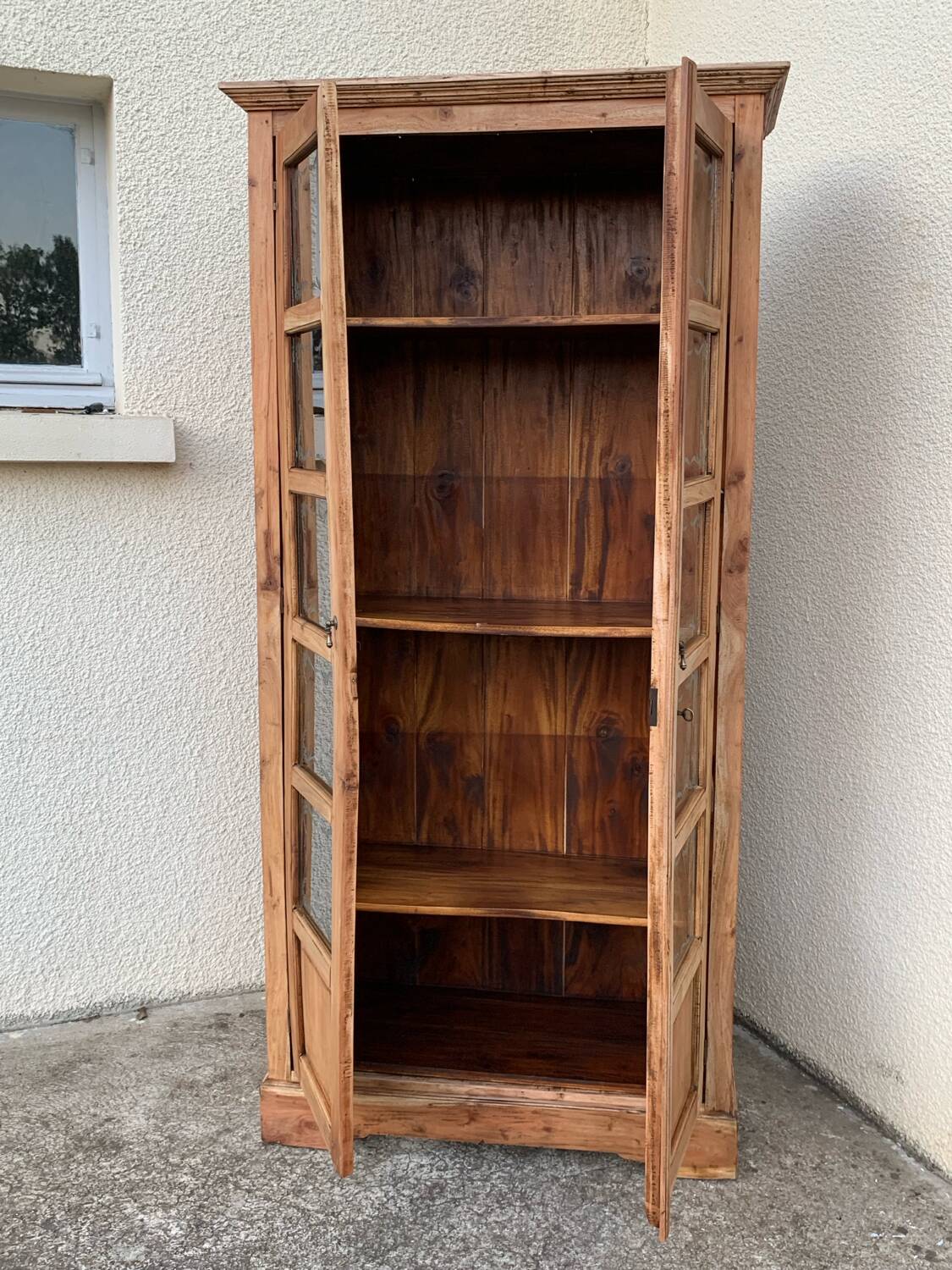 Parisian wardrobe in raw wood with engraved glass from 1920.