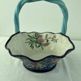 Large earthenware basket, Longwy enamels, turquoise blue cloisonné, twisted handle, stamp