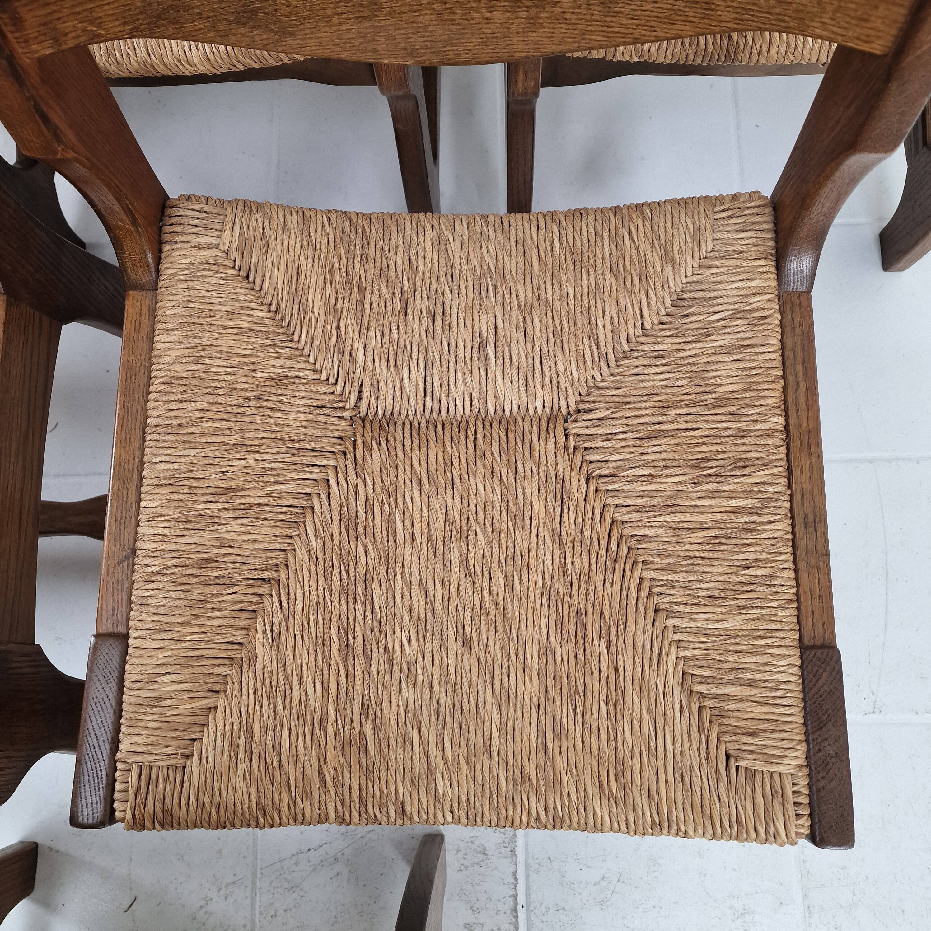 MidCentury Brutalist Oak "Razor Blade" Dining Chairs, Set of 6, France 60's