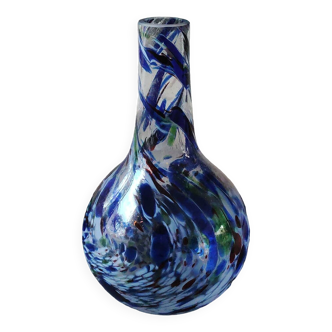 Vase Boule design en verre d Art soufflé, style Murano. Moucheté multicolores/volutes de fumée. Dim 26 x 13 cm