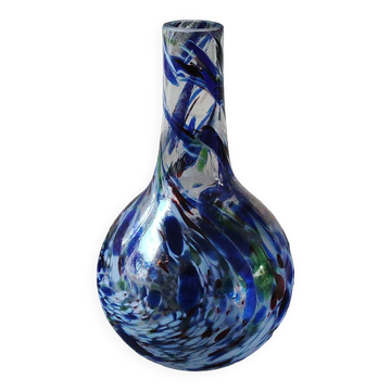 Designer Ball Vase in blown art glass, Murano style. Multi-colored speckles/smoke swirls. Dim 26 x 13 cm