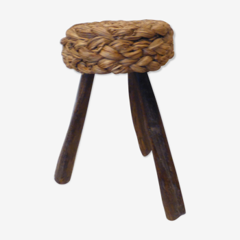 Tabouret tripode bois et fibre naturelle