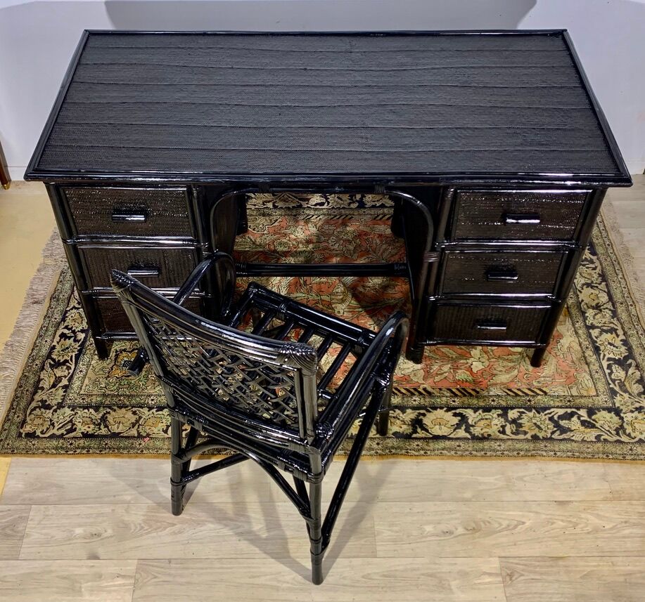 Desk and office chair in bamboo and black lacquered rattan, 60s, 70s