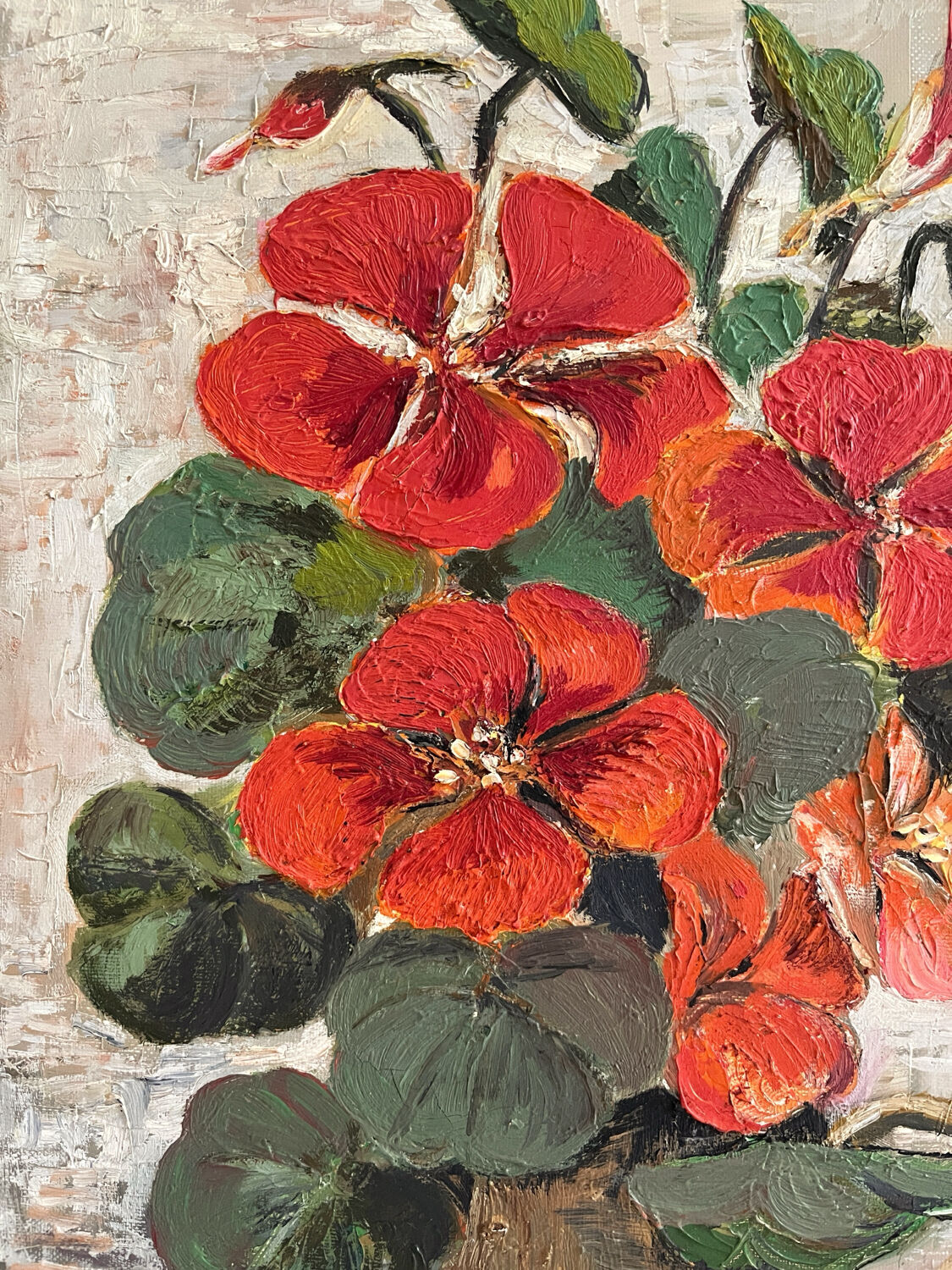 Peinture huile sur toile capucines fleurs vintage