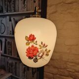 Vintage opaline glass pendant light, pink and white floral pattern, 1960s