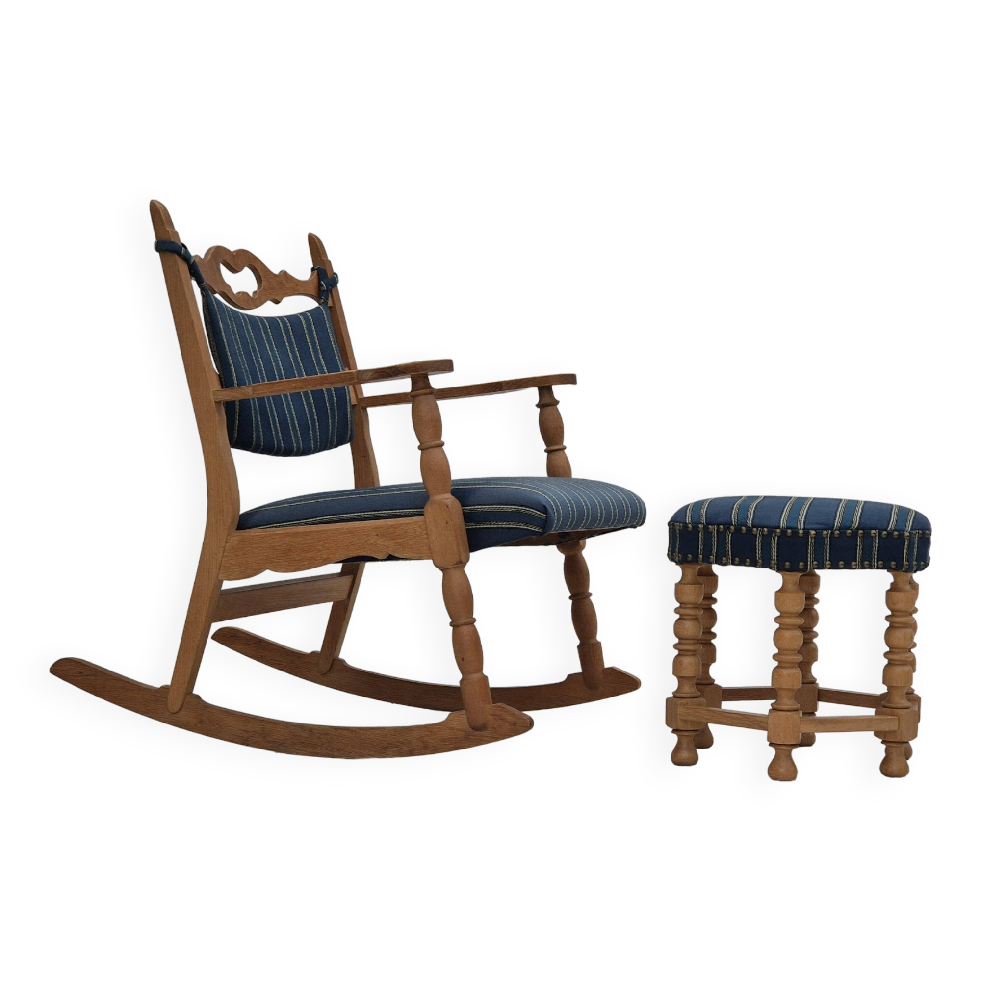 1970s, Danish design, oak wood rocking chair with footstool, furniture wool, original condition.