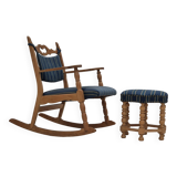 1970s, Danish design, oak wood rocking chair with footstool, furniture wool, original condition.