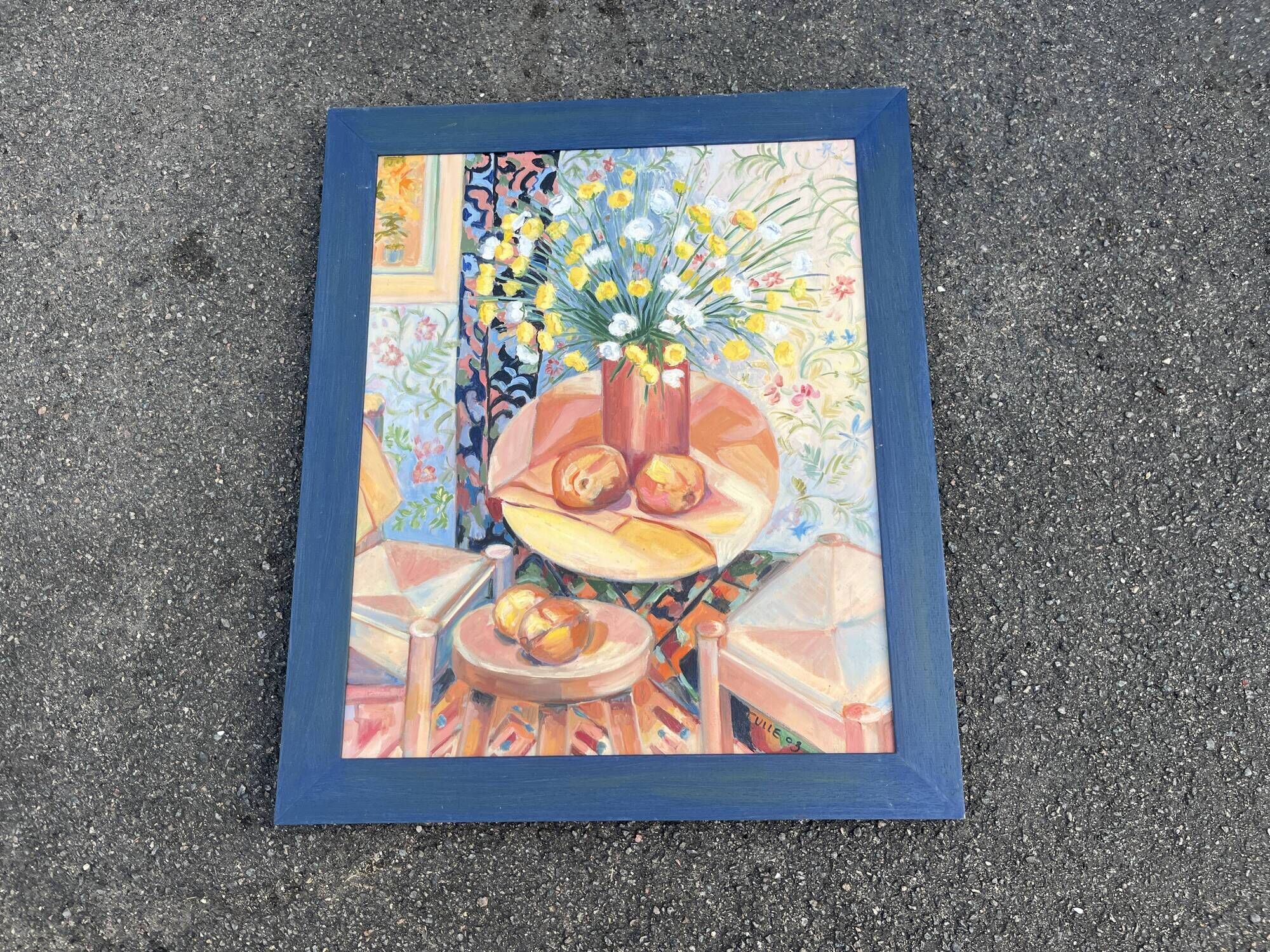 Still life with a bouquet of flowers – Colourful interior – Signed