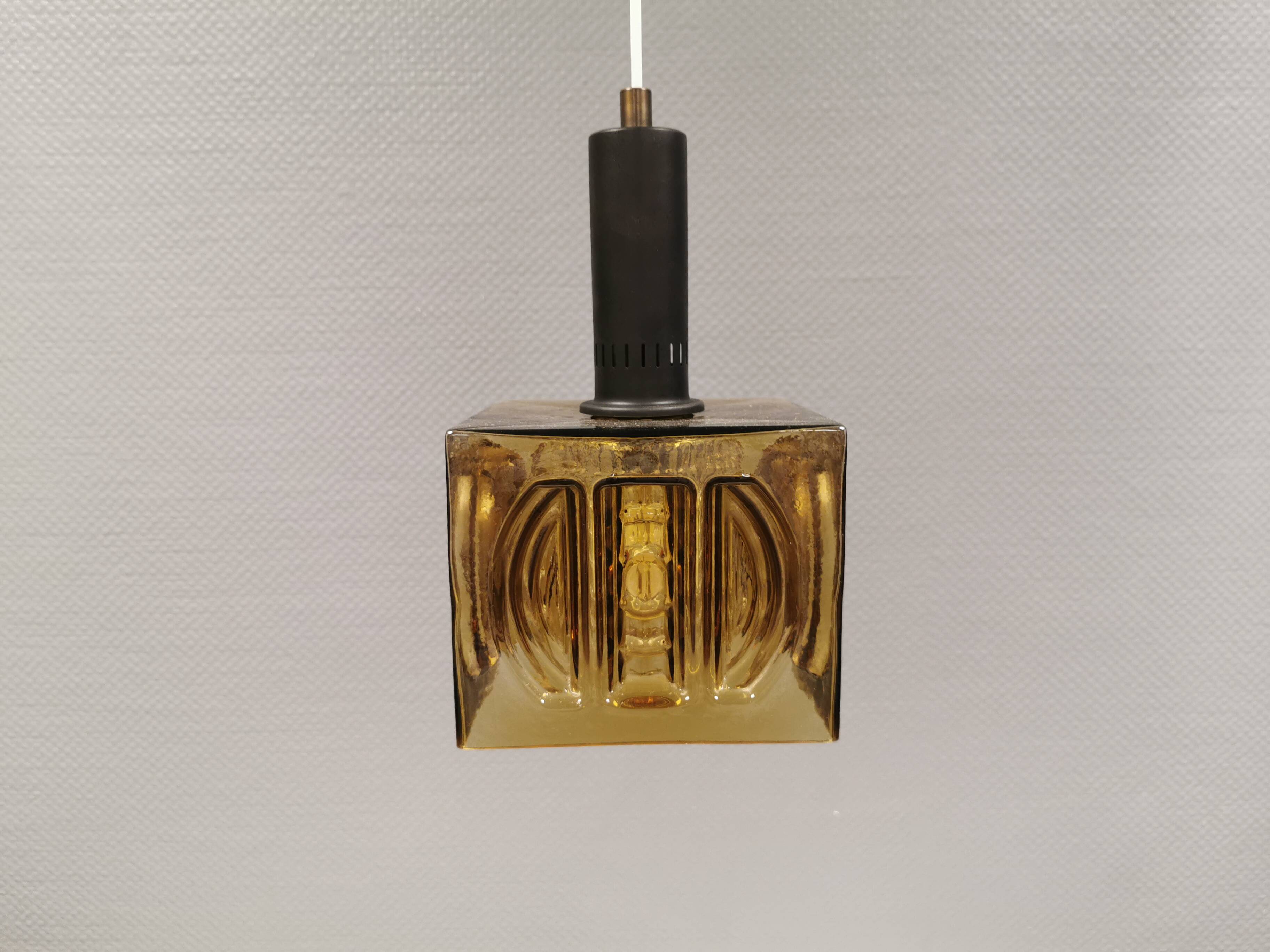 Older square hanging lamp with olive colored outer glass with inner shade of crystal glass