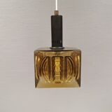 Older square hanging lamp with olive colored outer glass with inner shade of crystal glass